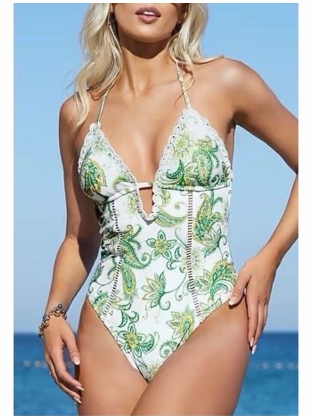 Cupshe White One-Piece Swimsuit with Green Paisley Print